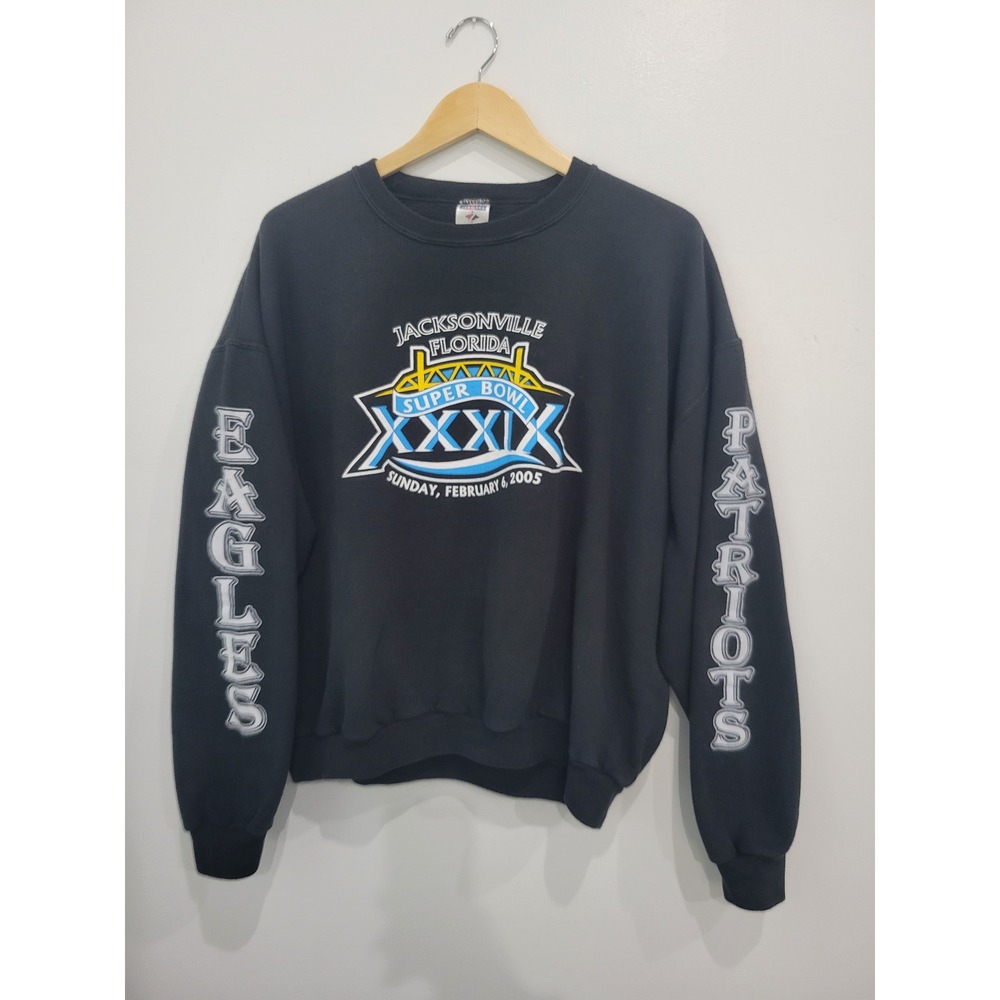 Vtg Y2K Jerzees Super Bowl XXXIX Jacksonville Florida Eagles Patriots Sweatshirt